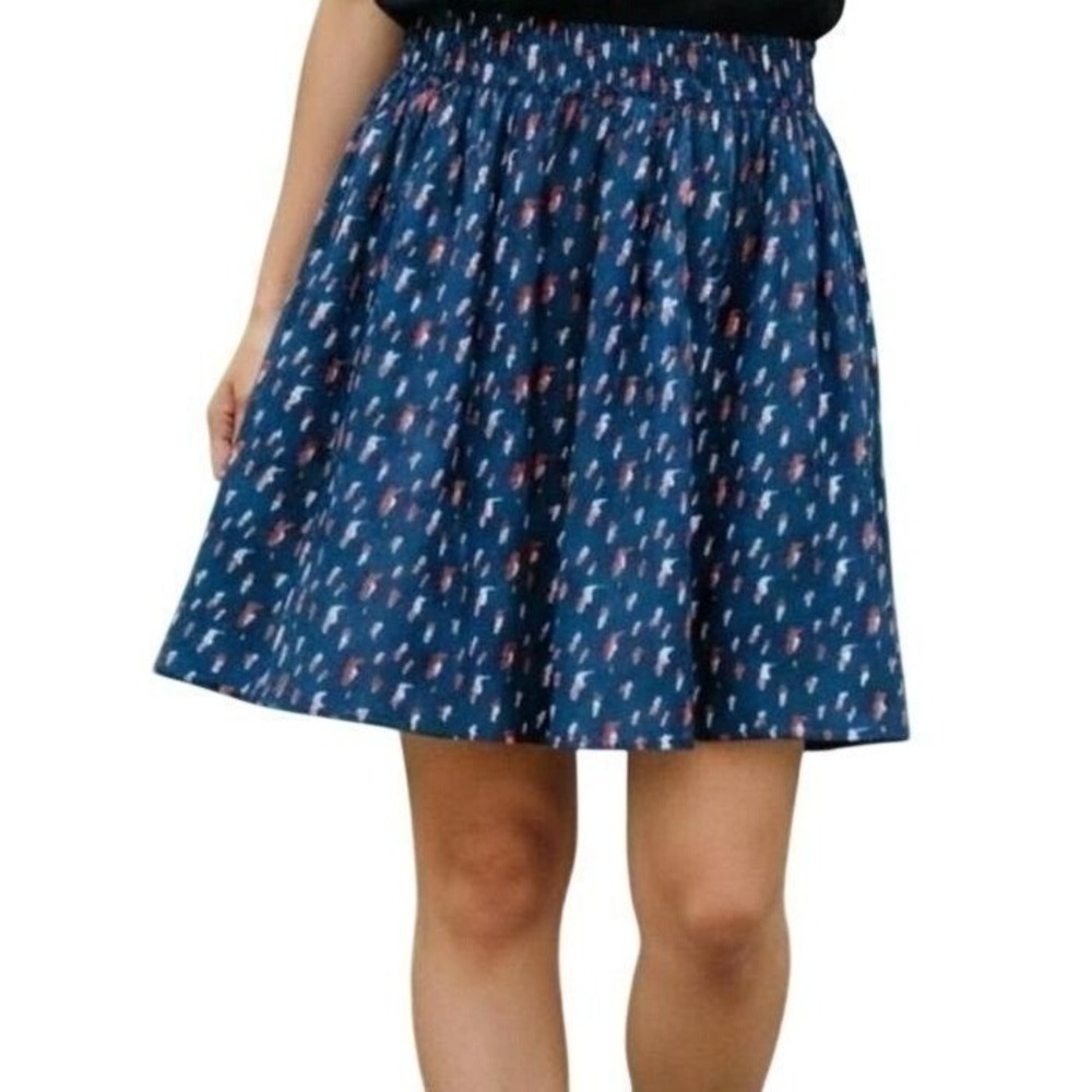 MNG by Mango Mini Skirt Satin Pleated Pull-On Navy Blue Bird Print Women's Large